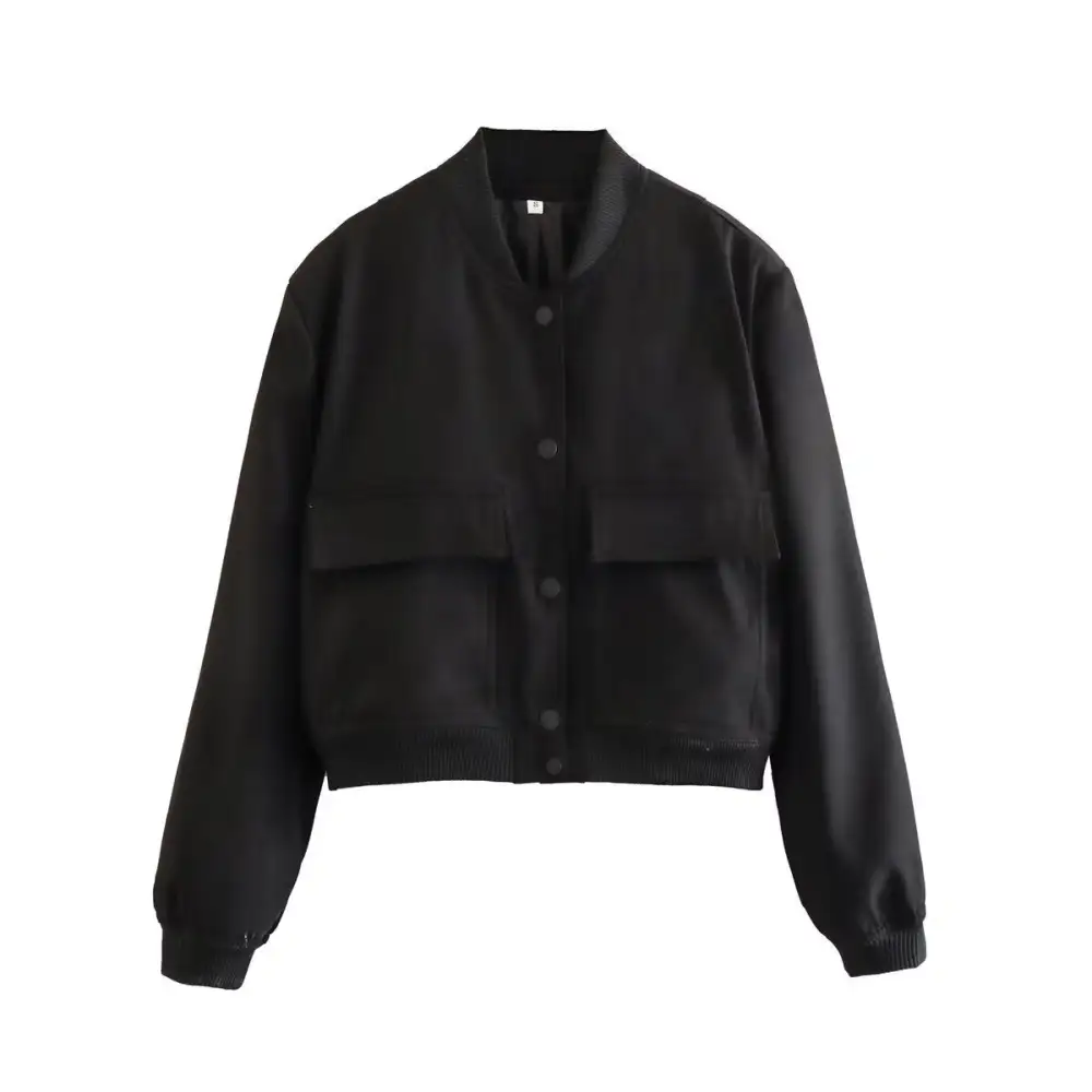 Cropped Snap Front Patch Pocket Ribbed Trim Bomber Jacket