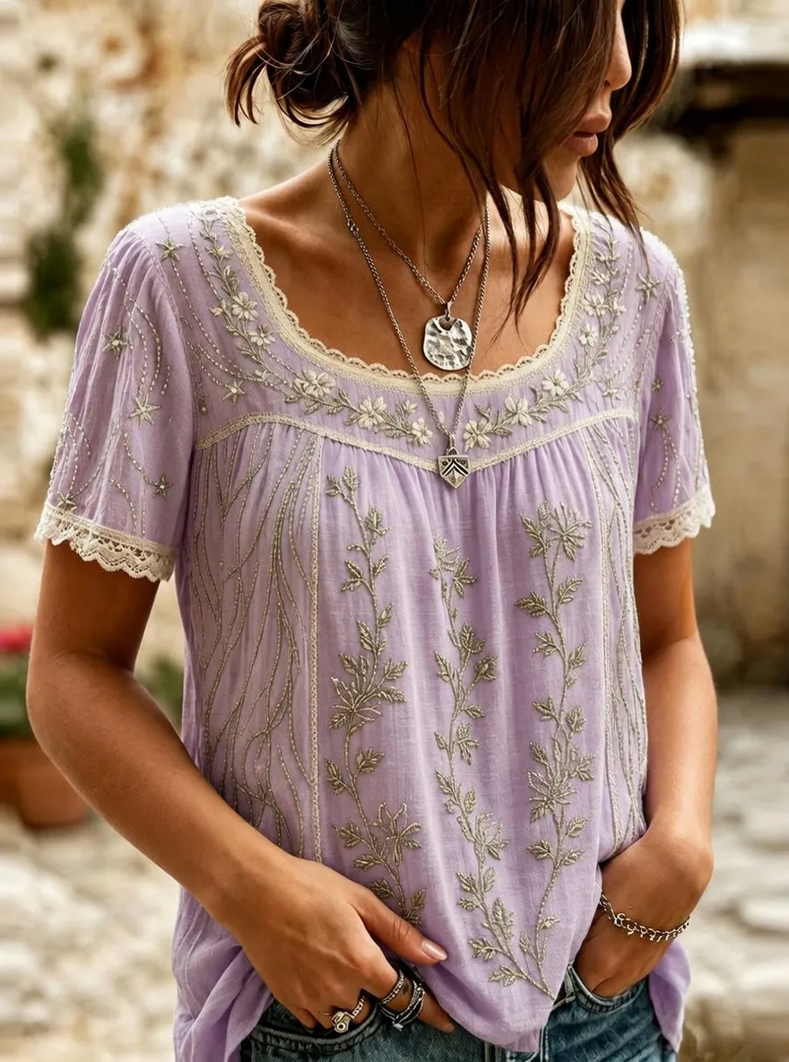 Women's Boho Floral Star Embroidered Printed Short Sleeve T-shirt