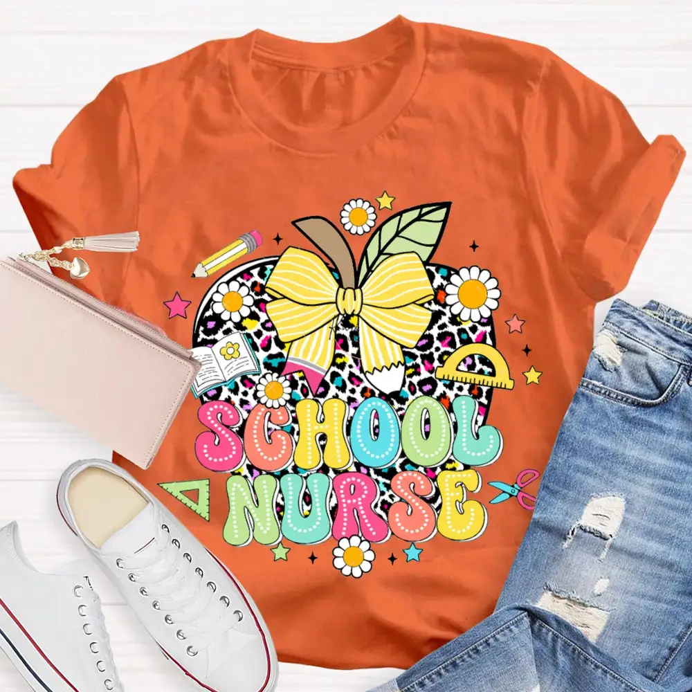 School Nurse Polka Dot Apple And Bow T-Shirt