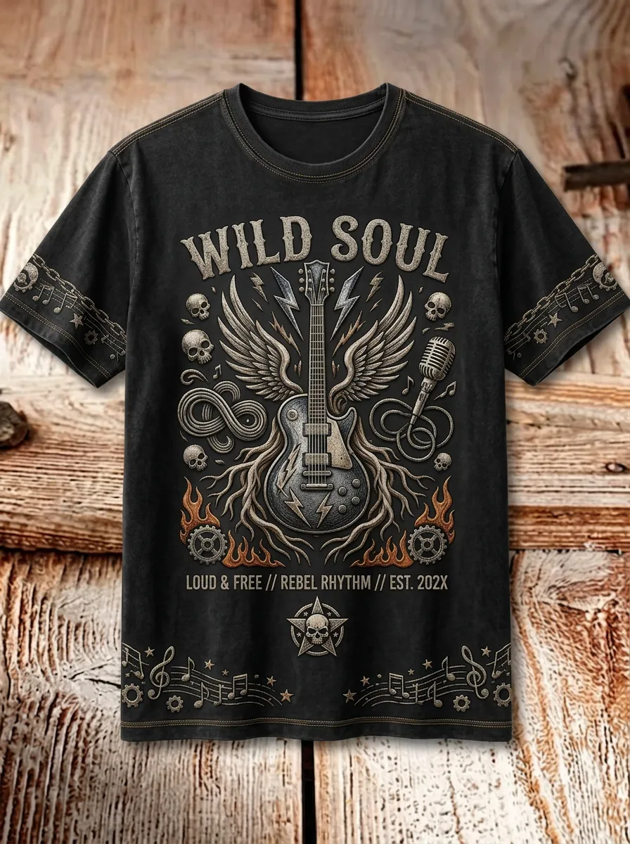 Unisex Wild Soul Rock Guitar Skull Printed T-shirt