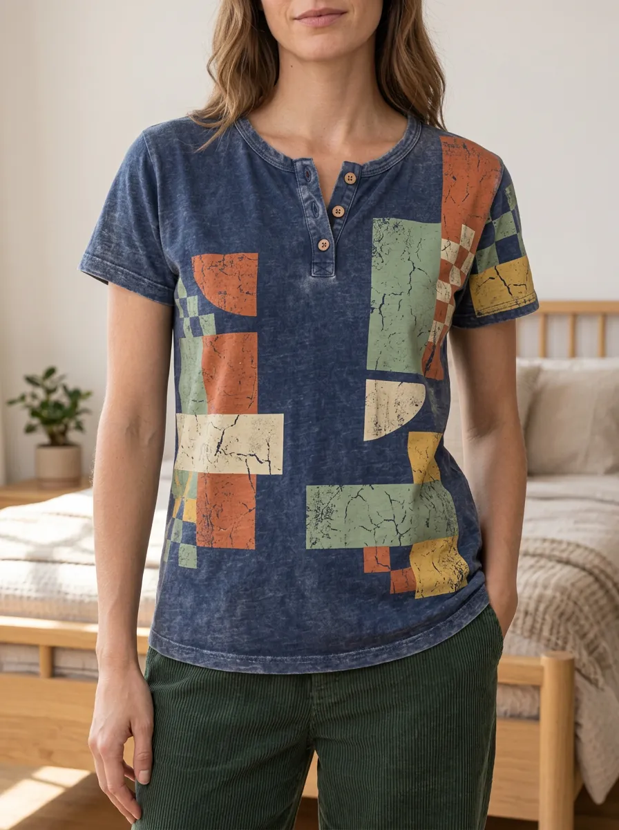 Women's Modern Abstract Geometric Henley T-Shirt