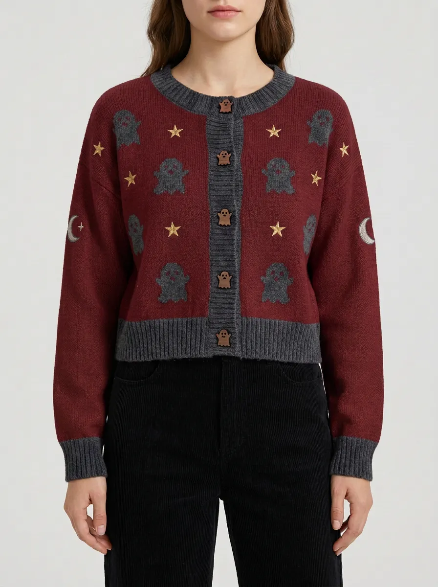 Women's Halloween Ghost Star Moon Pattern Knitted Cardigan