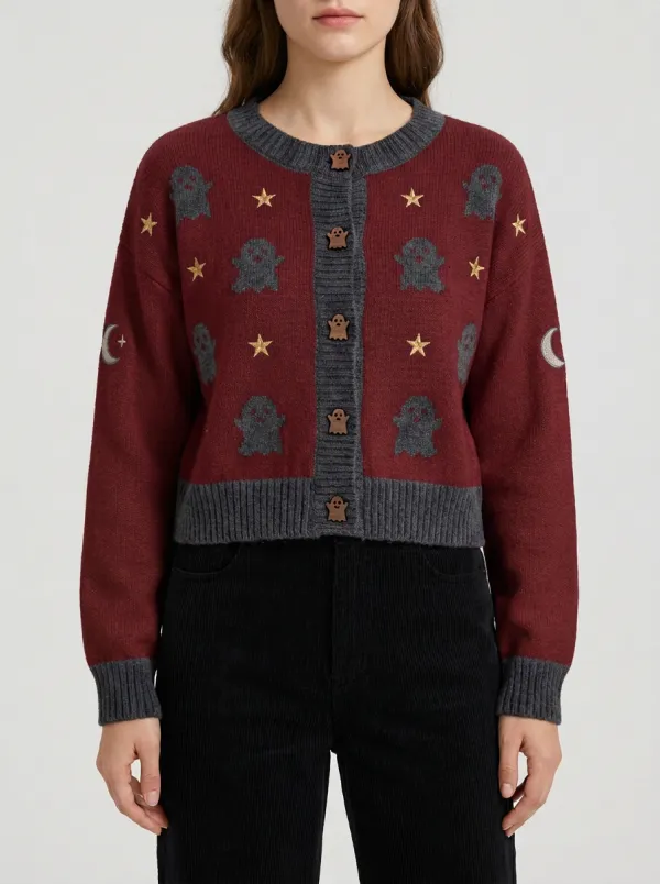 Women's Halloween Ghost Star Moon Pattern Knitted Cardigan