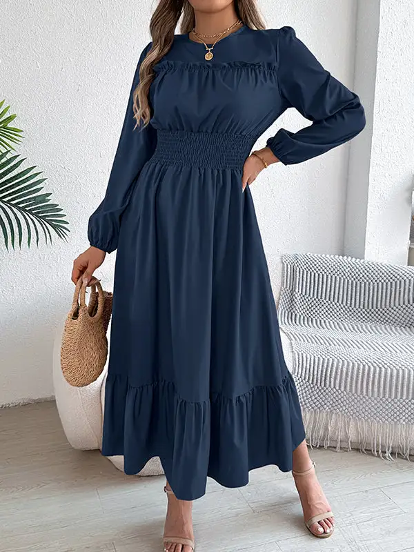 Elasticated Pleated Neck Maxi Dress