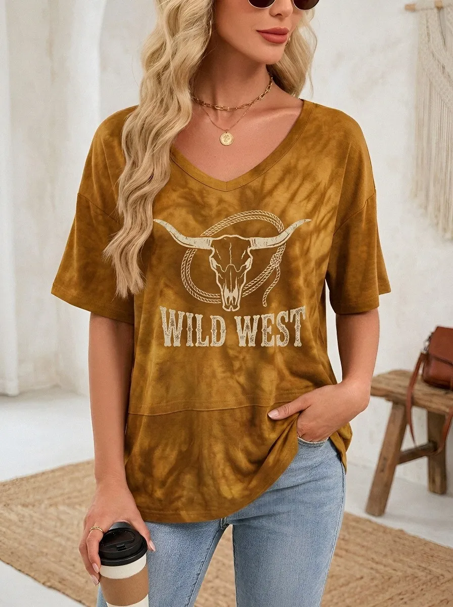 Women's Wild West Cow Skull Tie-Dye Printed T-shirt
