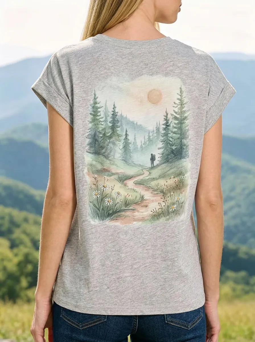 Women's Nature Lover Hiking Trail Pine Forest Printed T-shirt
