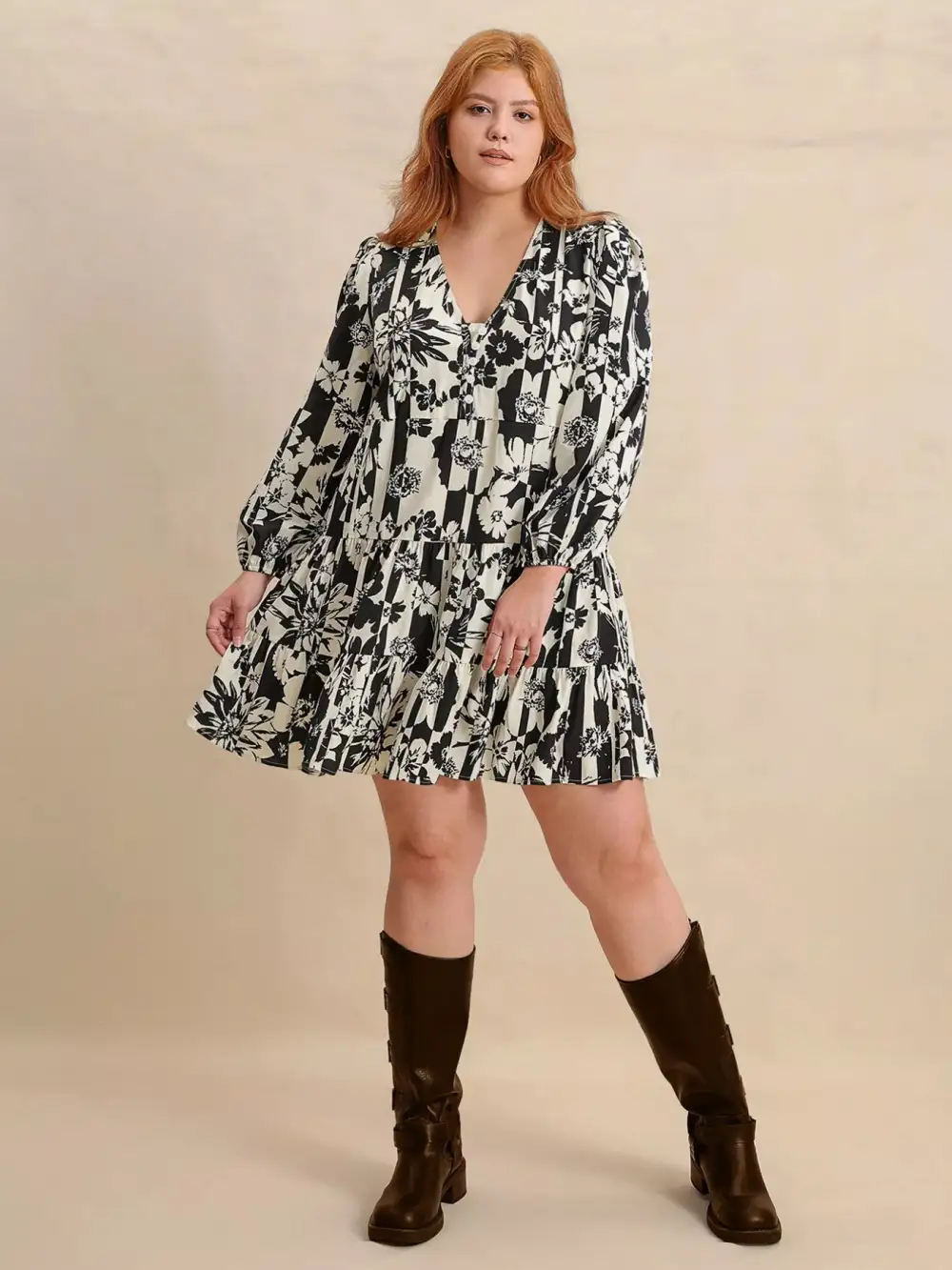 Drape Printed V Neck Long Sleeve Mini Dress