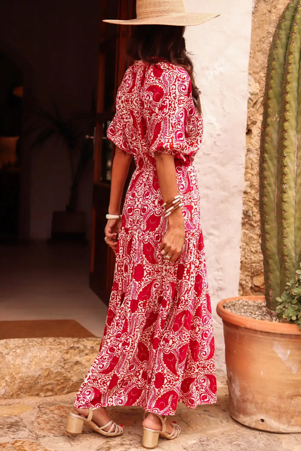 Paisley Print Side Slit Puff Sleeve High Waist Maxi