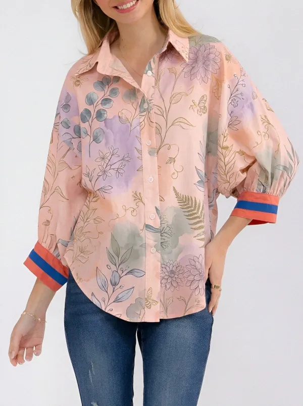 Women's Botanical Floral Watercolor Printed Button-up Shirt