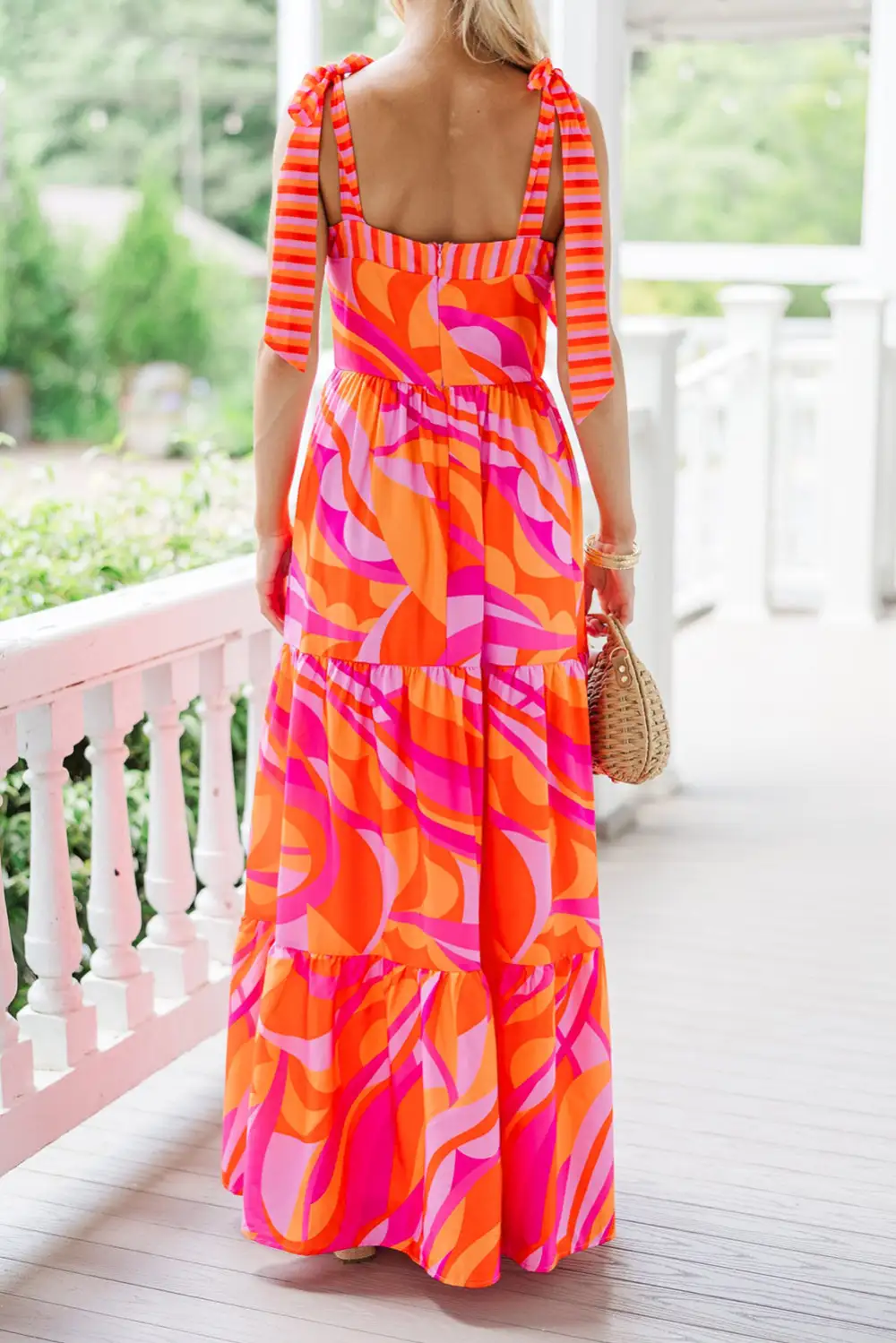 Abstract Print Knotted Shoulder High Waist Maxi Dress
