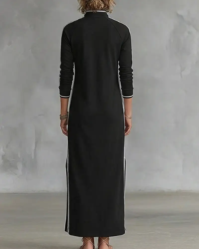 Sporty Chic Button Collar Maxi Dress with Side Stripes
