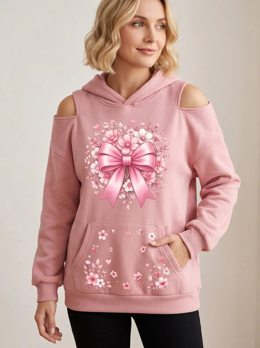 Women's Pink Ribbon Floral Breast Cancer Awareness Cold Shoulder Hoodie
