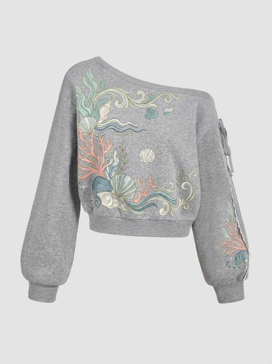 Women's Ocean Lover Seashell Coral Printed Off-Shoulder Sweatshirt
