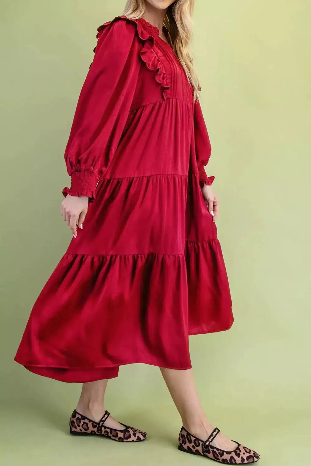 Solid Ruffle Trim Long Sleeve Tiered Shift Midi Dress