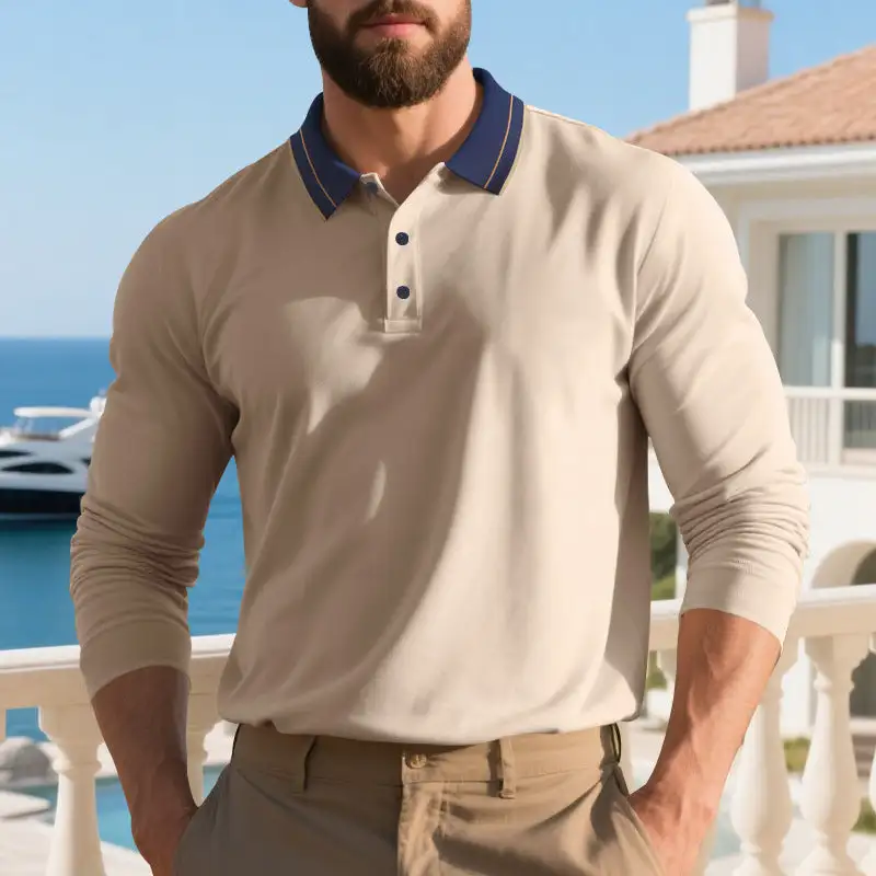 Contrast Trim Long Sleeve Fitted Cotton Polo Shirt