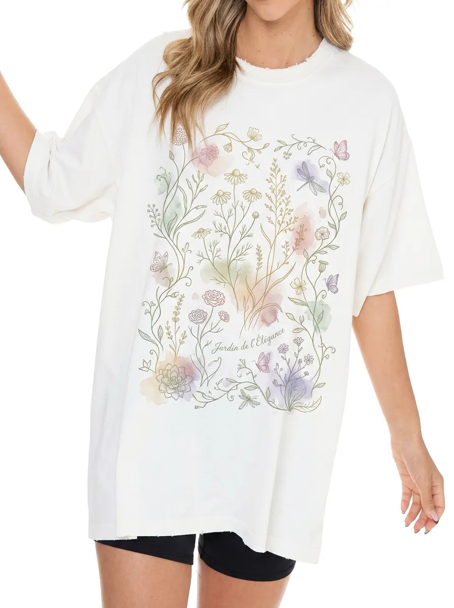 Women's Botanical Garden Butterfly Watercolor Printed T-shirt