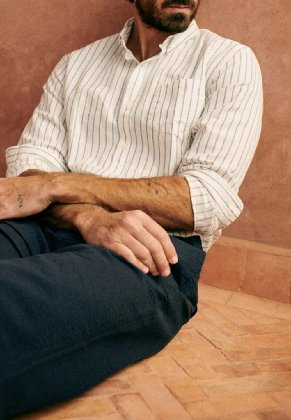 White Blue Stripe Cotton Linen Blend Button Down Shirt