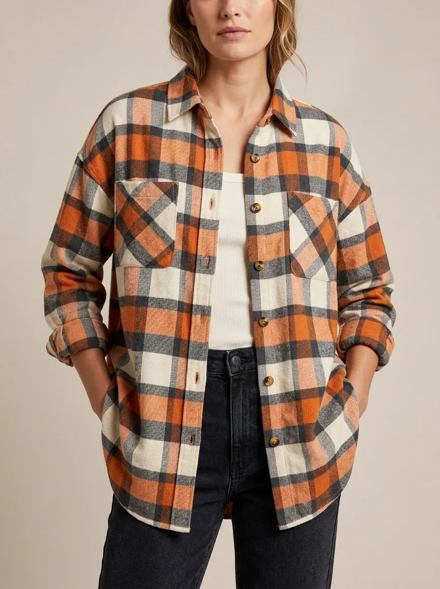 Textured Printed Plaid Plaid Long-Sleeve Shirt