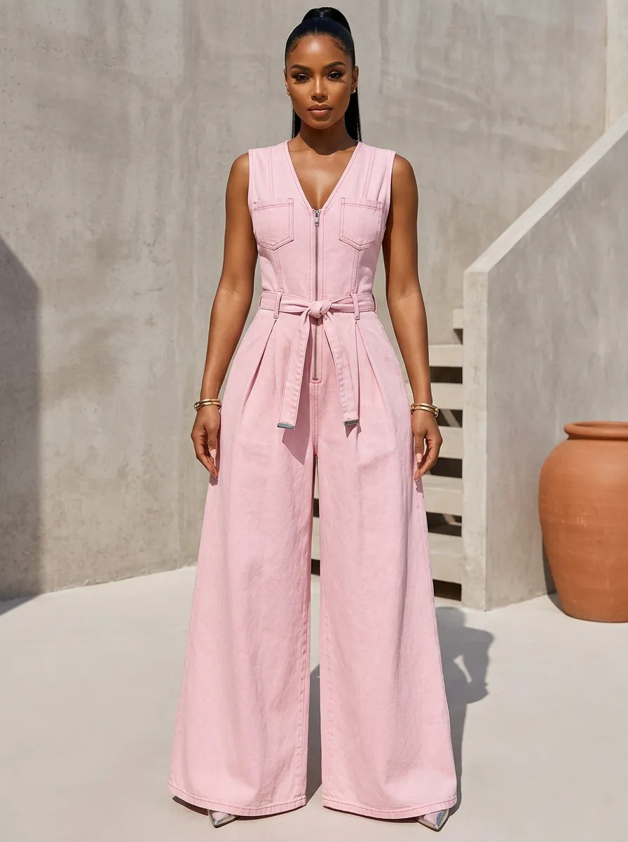 Pink Polished Sleeveless Zip-Front Denim Jumpsuit