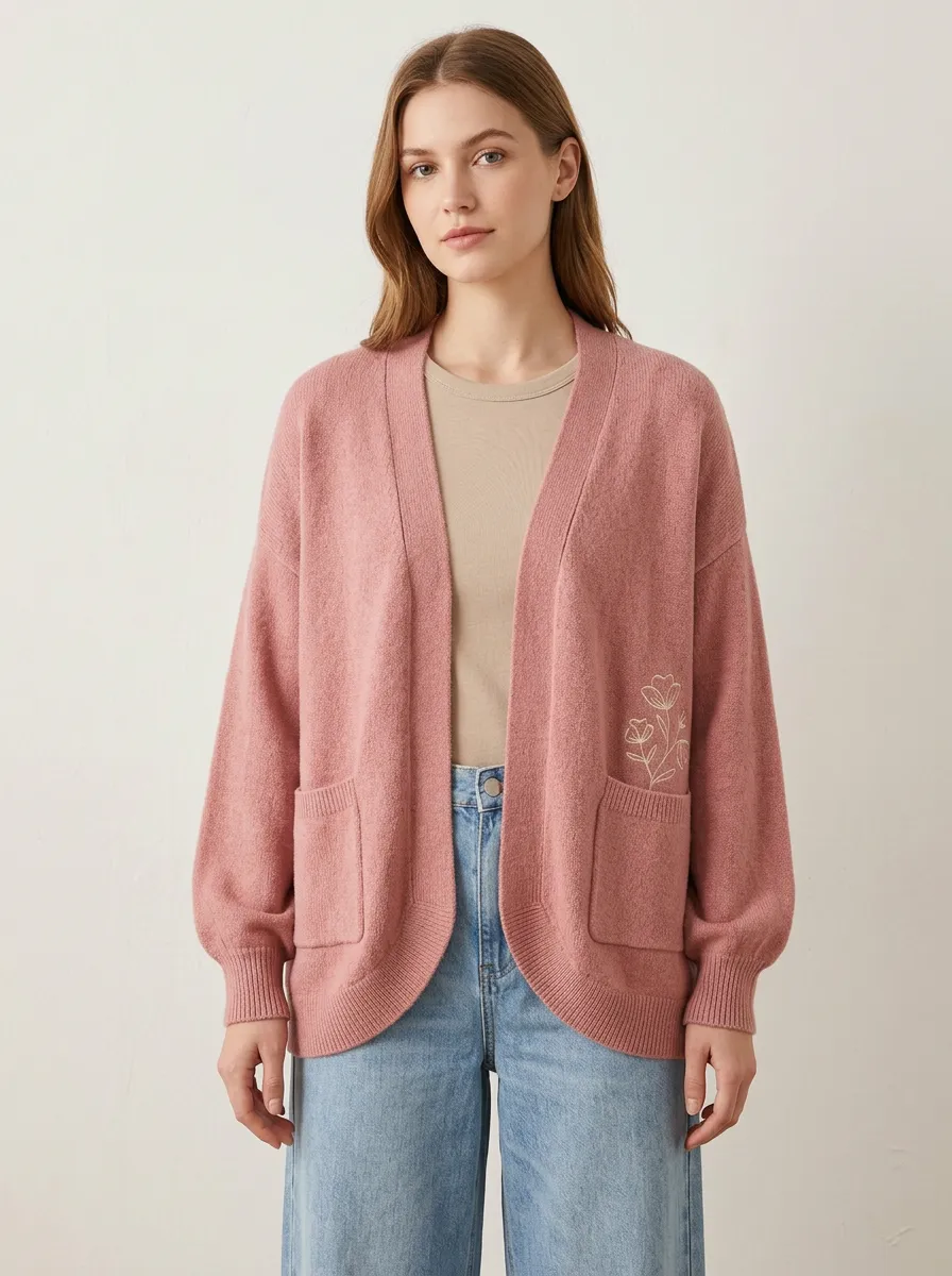 Pink Refined Floral Minimalist Embroidered Cardigan