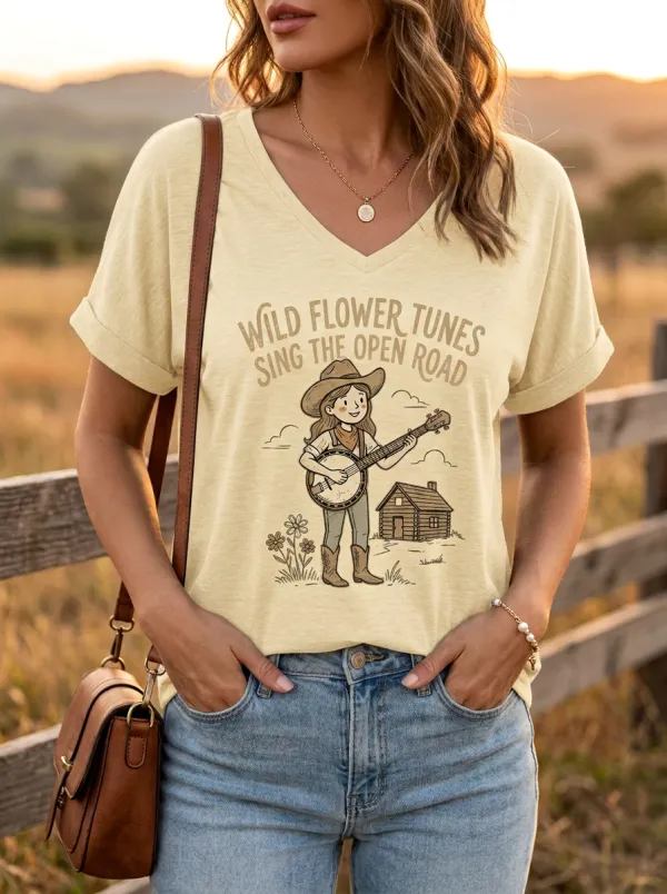 Nashville-Inspired Banjo Cowgirl Country Music Graphic T-Shirt