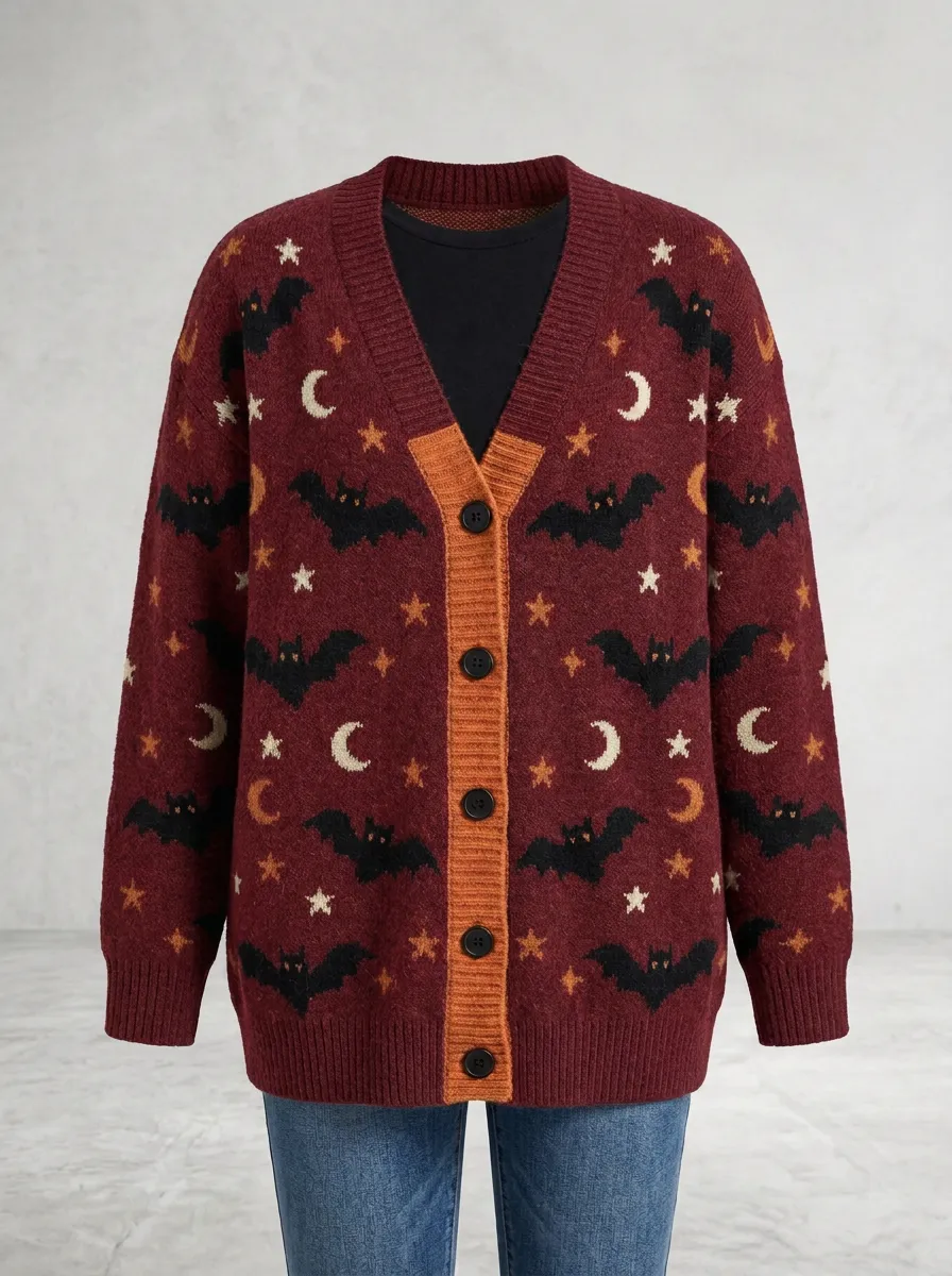 Women's Halloween Bat Moon Star Pattern Knitted Cardigan