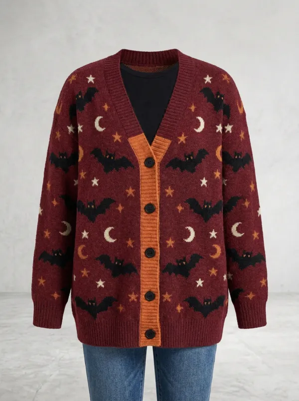 Women's Halloween Bat Moon Star Pattern Knitted Cardigan