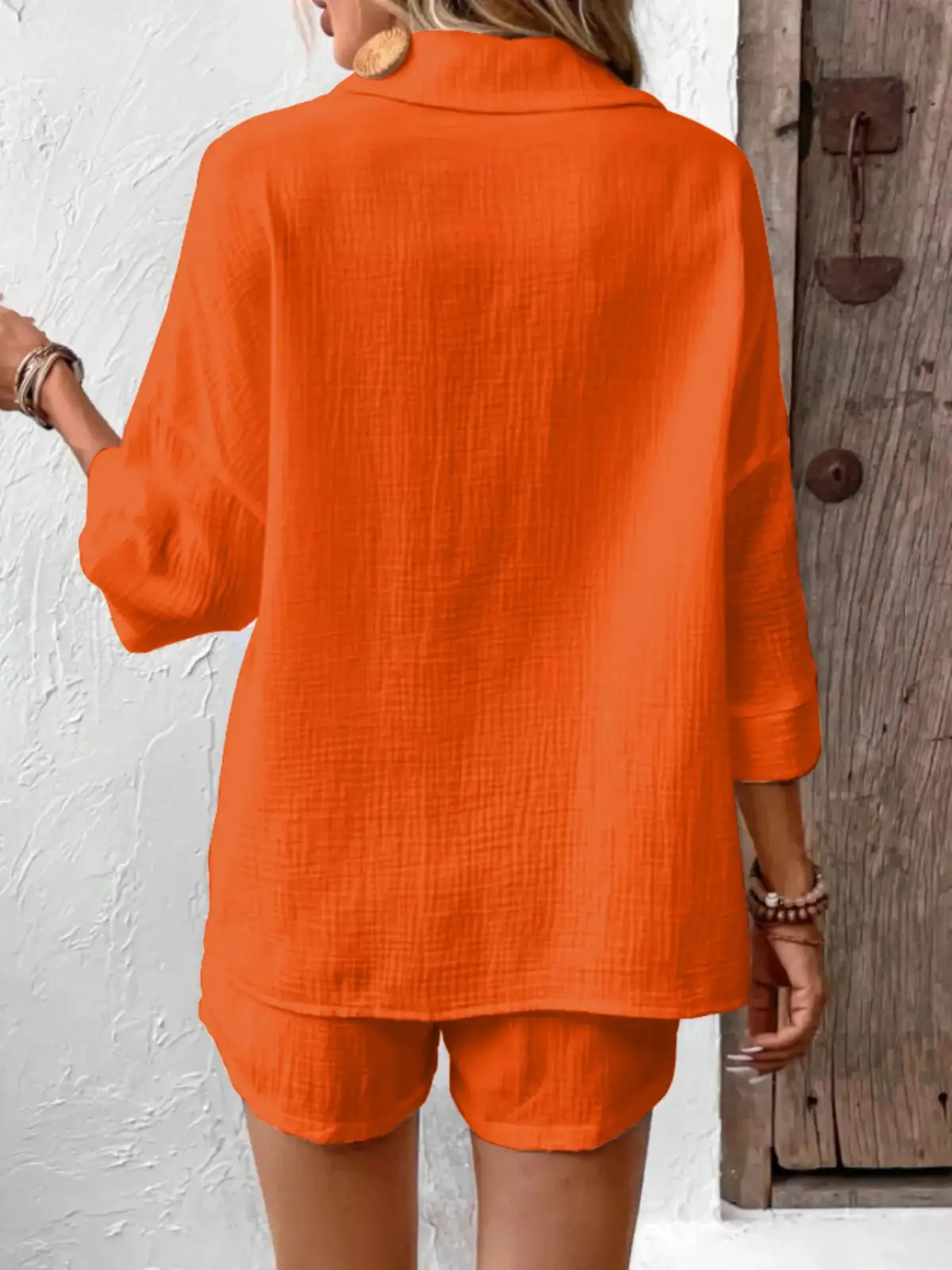 Button-Detail Pocketed Cotton Top and Shorts Matching Set