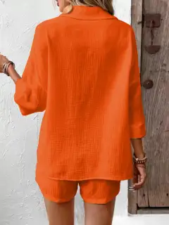 Button-Detail Pocketed Cotton Top and Shorts Matching Set