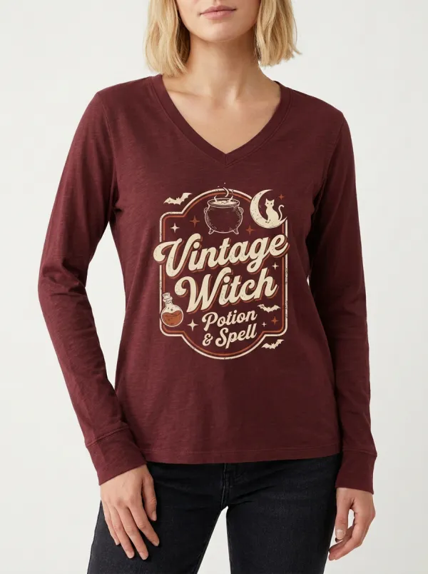 Women's Halloween Witch Potion Spell Cat Printed V-neck Long Sleeve Shirt