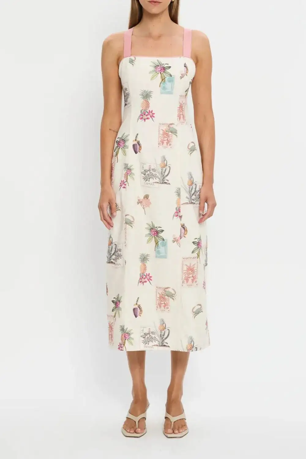 Square-Neck Linen-Blend Printed Midi Dress