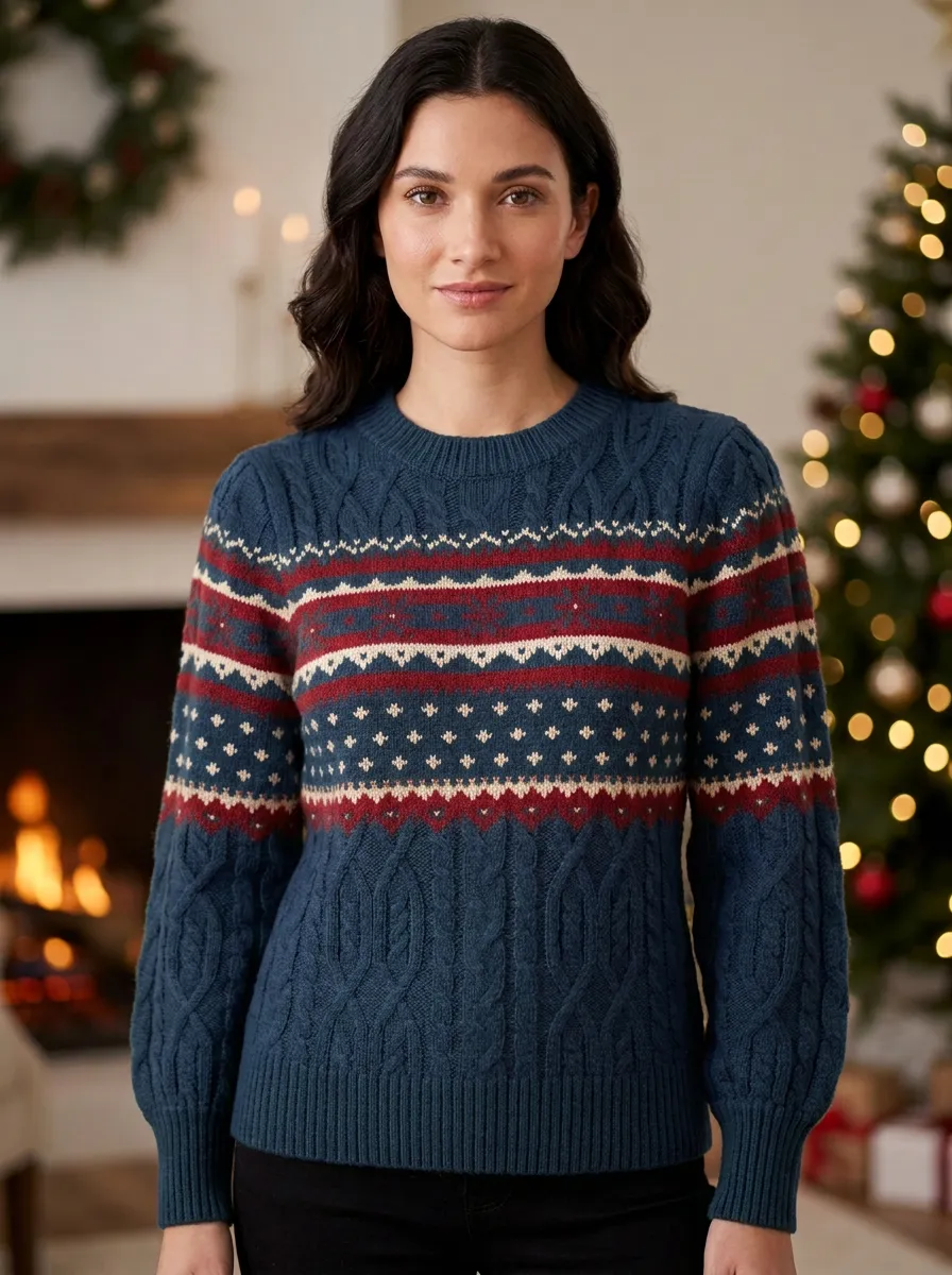 Christmas Holiday Fair Isle Cable Knit Sweater
