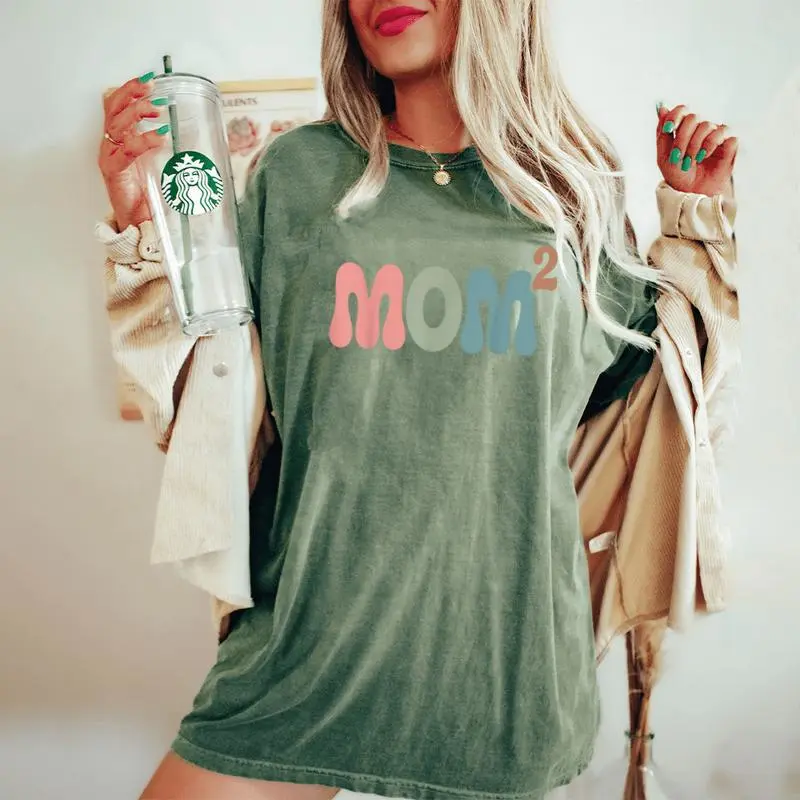 Mom2 Mom Squared Mother Of Two Twins Mama Women's Oversized Comfort T-Shirt