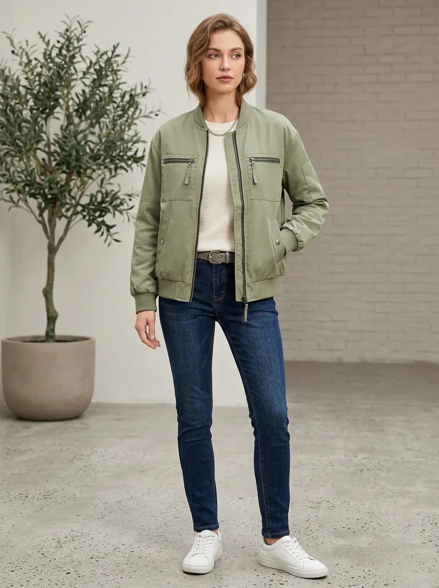 Utility Bomber Denim-Style Women's Casual Jacket
