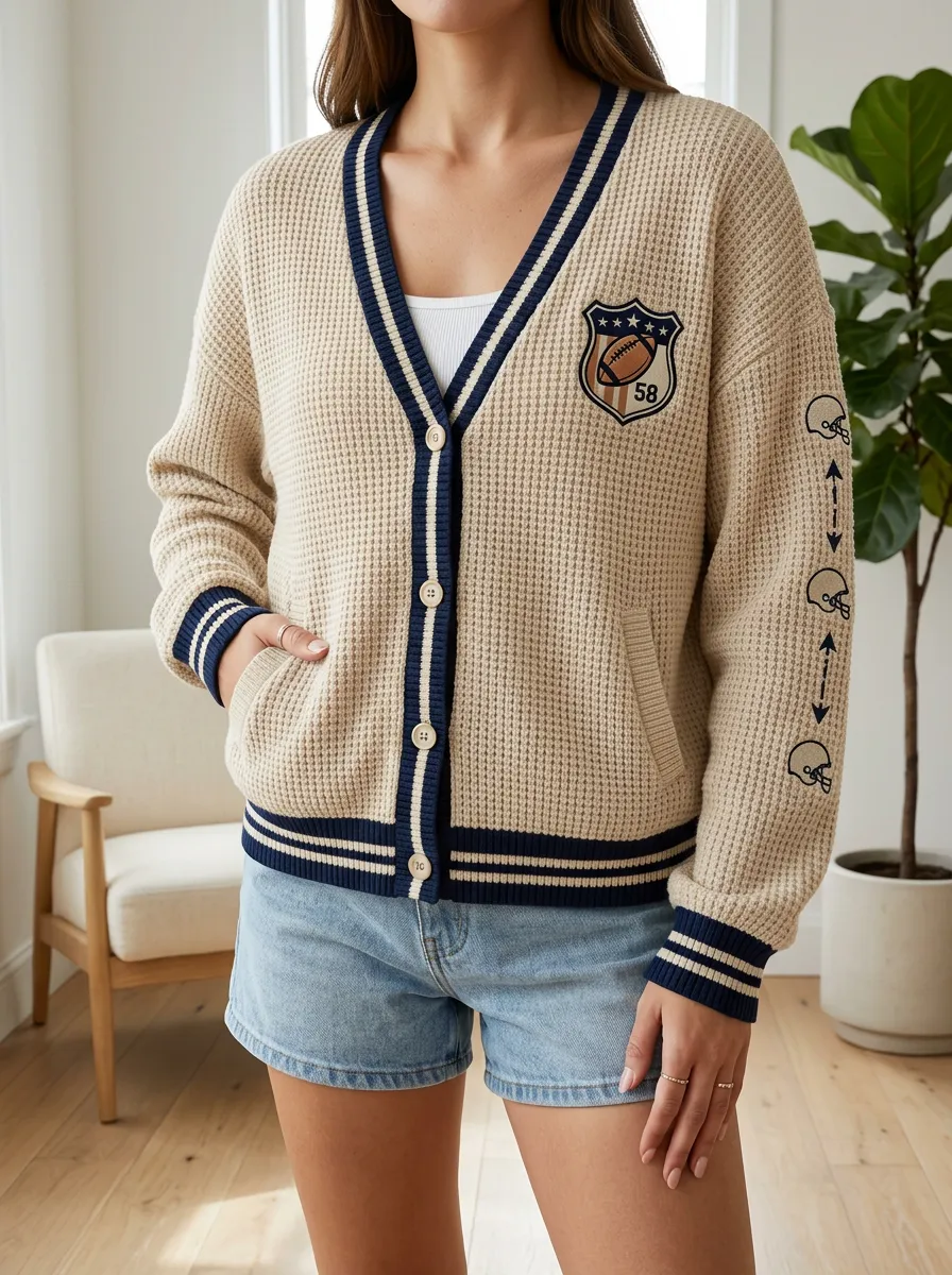 Women's American Football Fan Shield Helmet Printed Waffle Cardigan