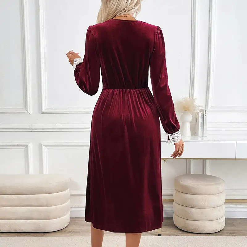 Women's V-Neck Long-Sleeve Lace Button-Detail Dress