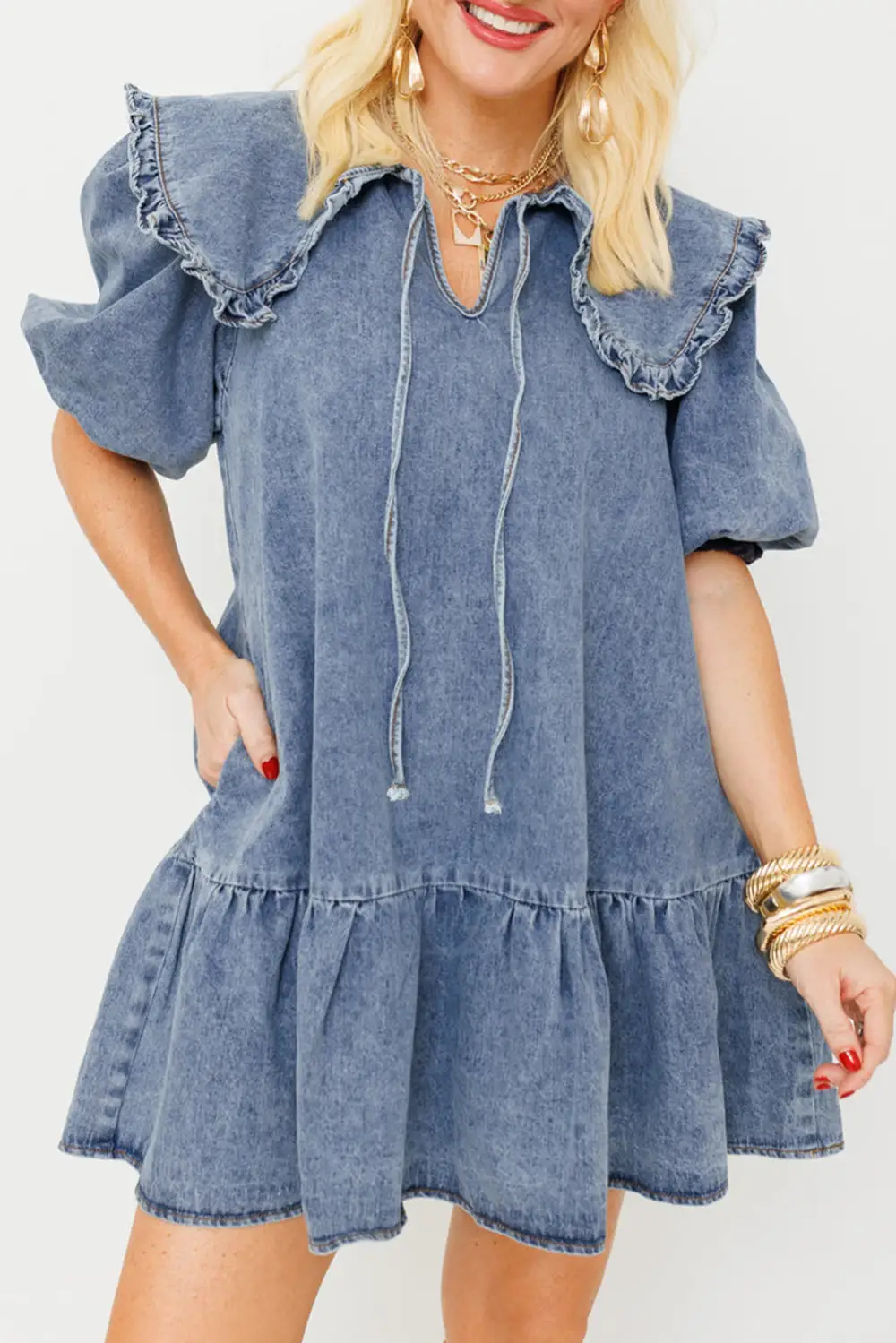 Weekend Denim Look Ruffle Trim Pocket Detail Mini Dress