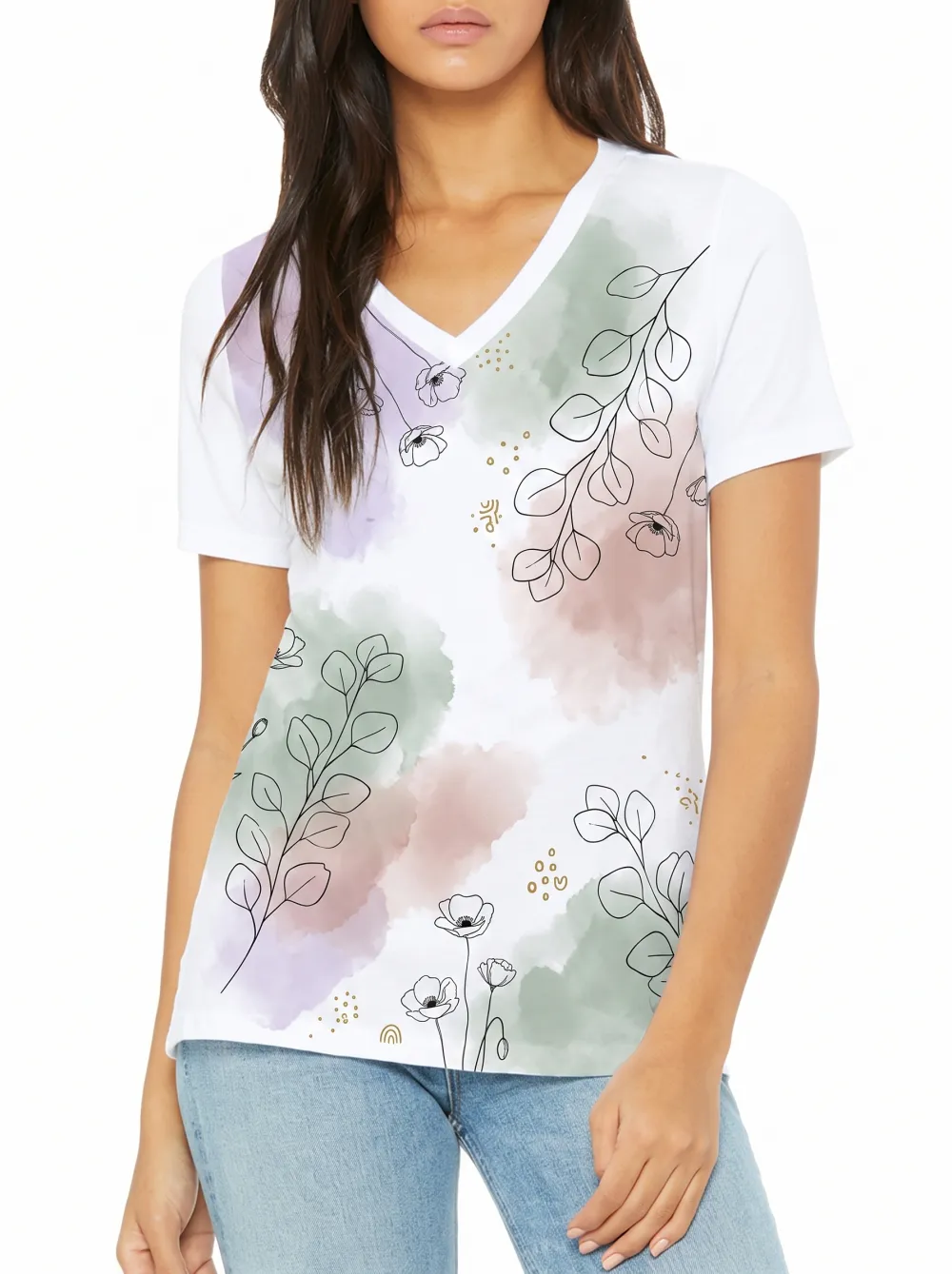 Women's Floral Nature Lover Watercolor Botanical Printed V-neck T-shirt