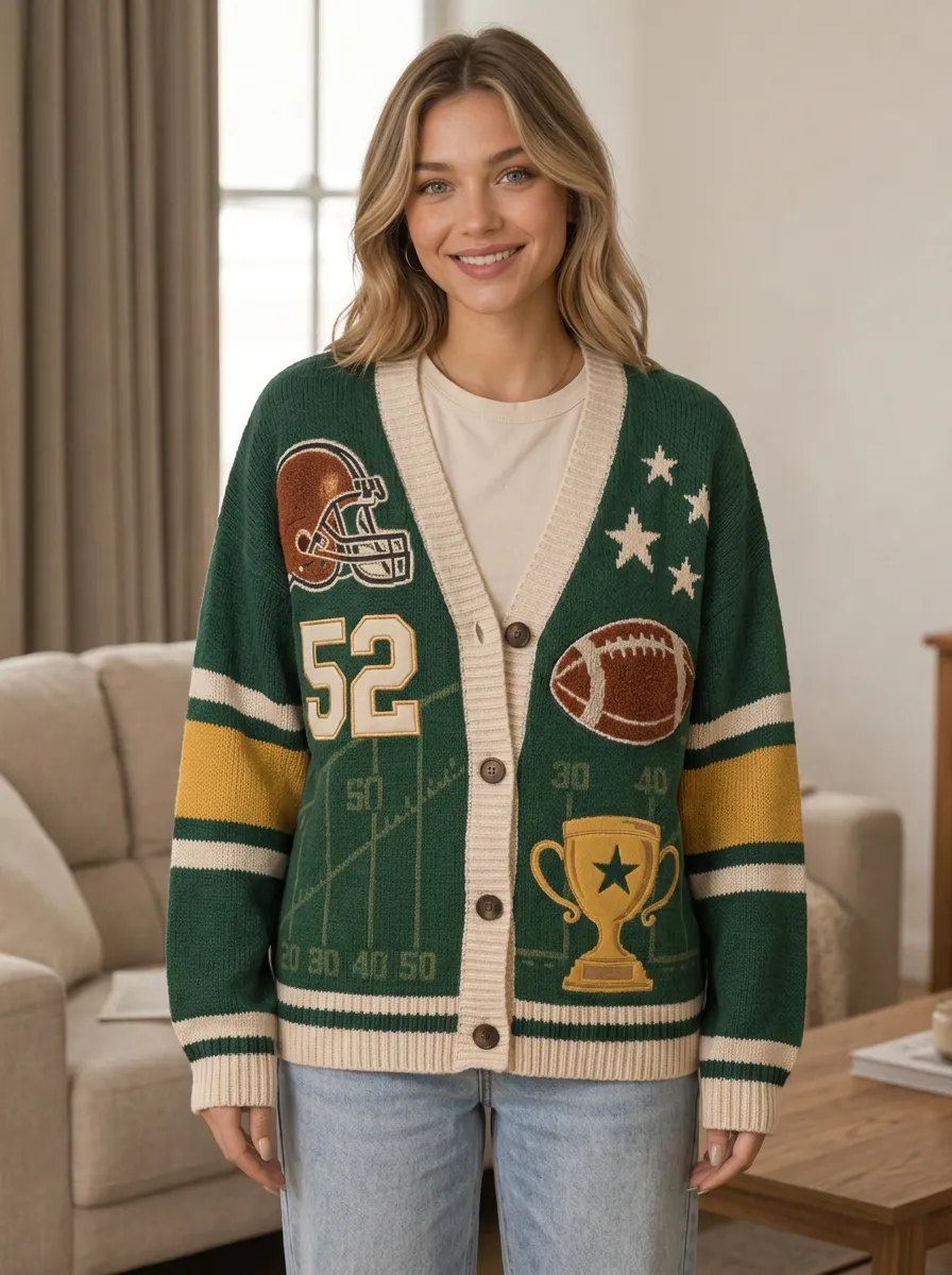Women's Modern Gridiron Helmet Trophy Ball Knit Cardigan