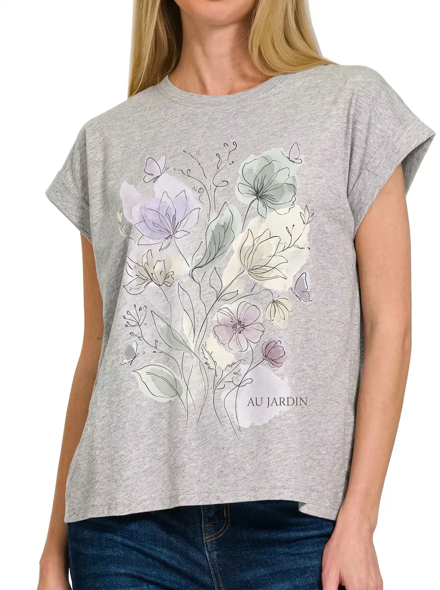 Women's Floral Garden Butterfly Au Jardin Printed T-shirt