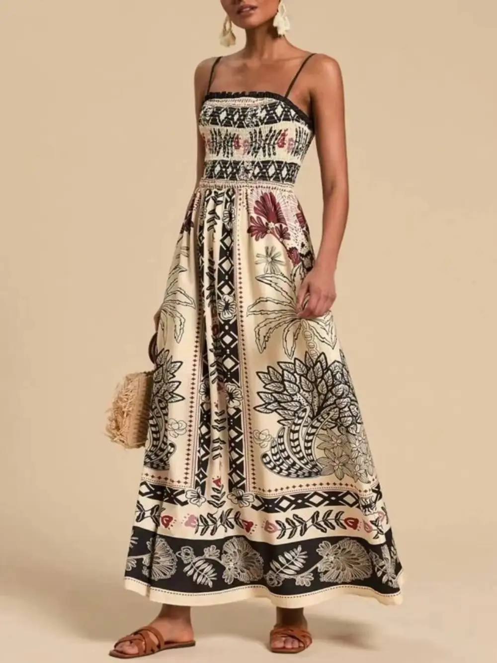 Smocked Spaghetti-Strap Printed Maxi Dress