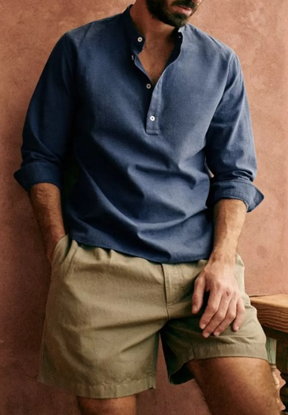Navy Blue Cotton Linen Blend Regular Fit Shirt