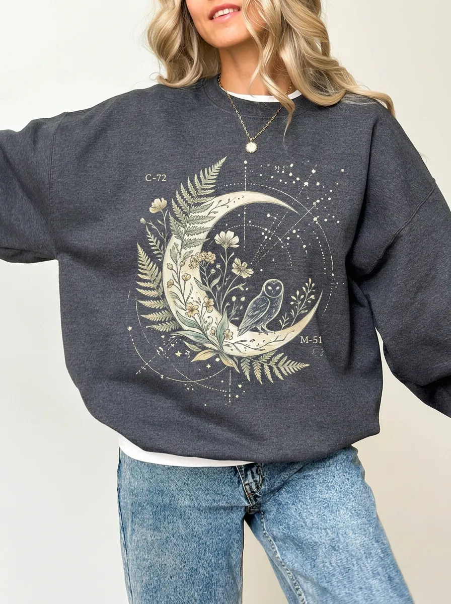 Women's Celestial Owl Floral Moon Printed Sweatshirt
