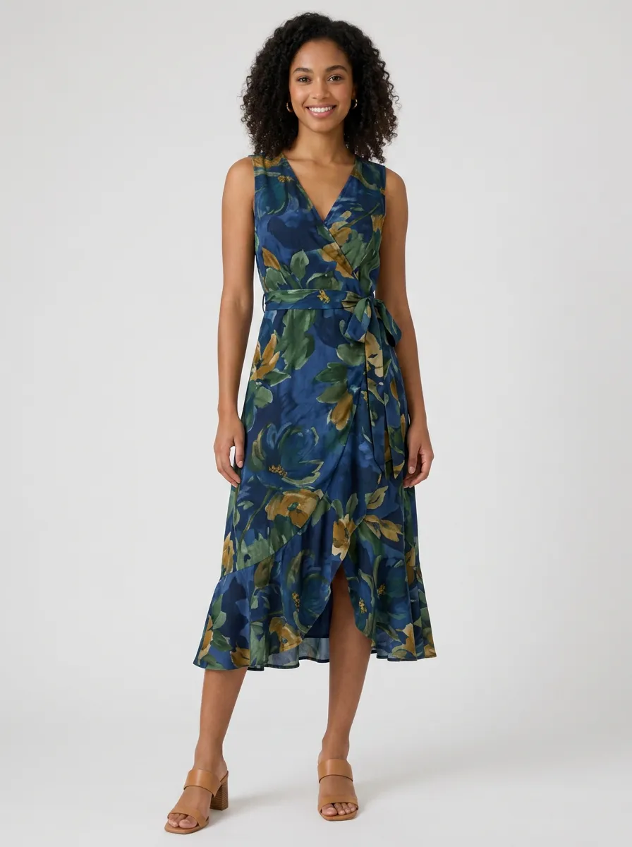 Women's Floral Botanical Blue Yellow Printed Wrap Dress