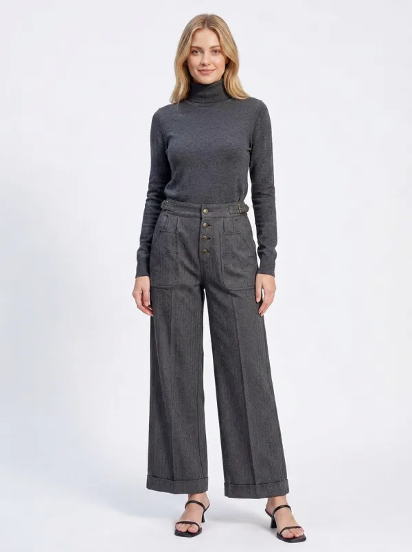 Women's Vintage Style Herringbone Button Front Wide Leg Trousers