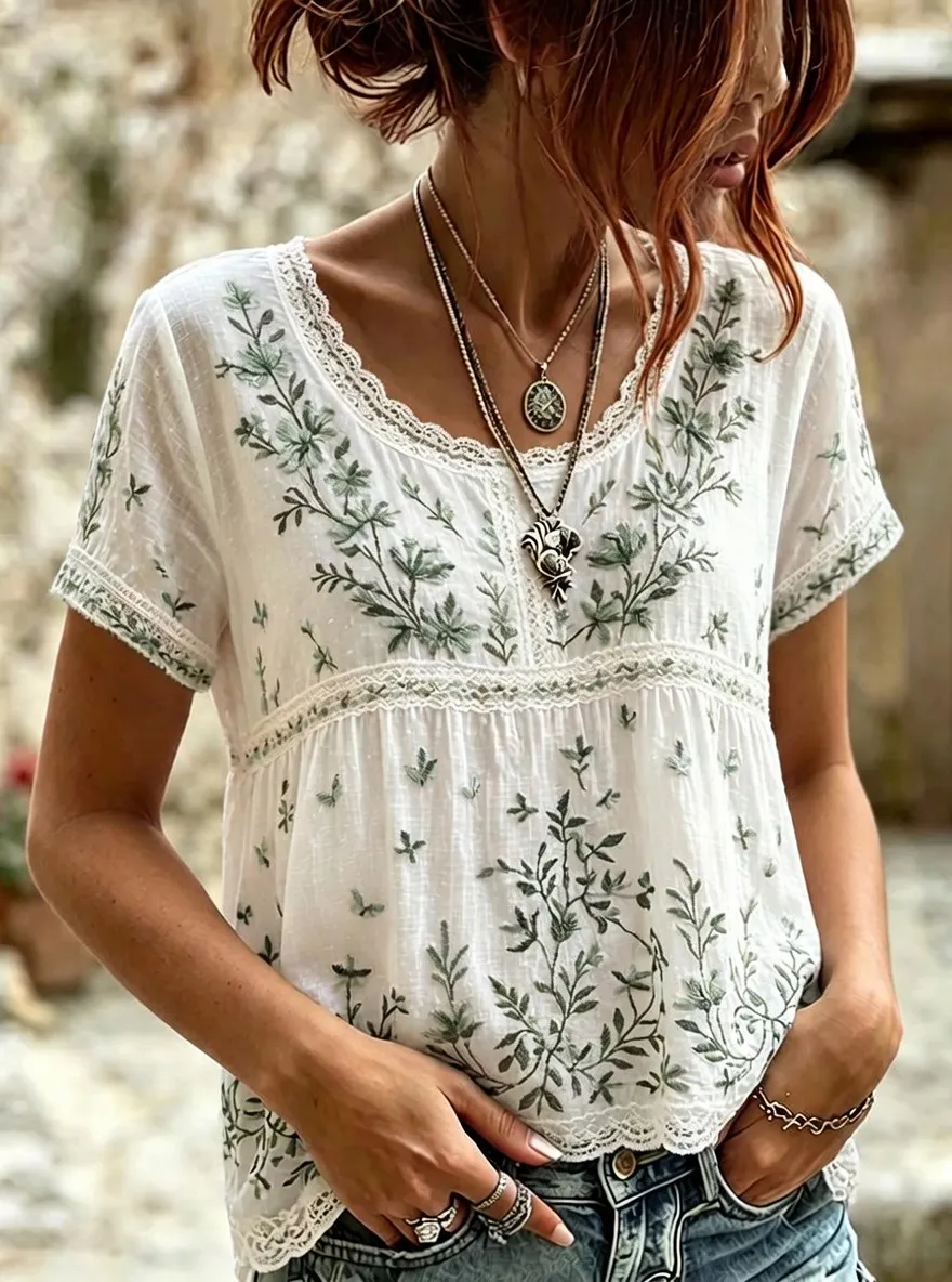 Women's Boho Floral Green Embroidered Lace Trim Short Sleeve Shirt