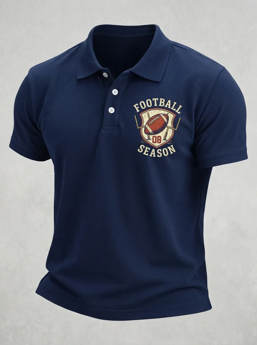 Men's Vintage-Inspired American Football Season Shield Printed Polo Shirt