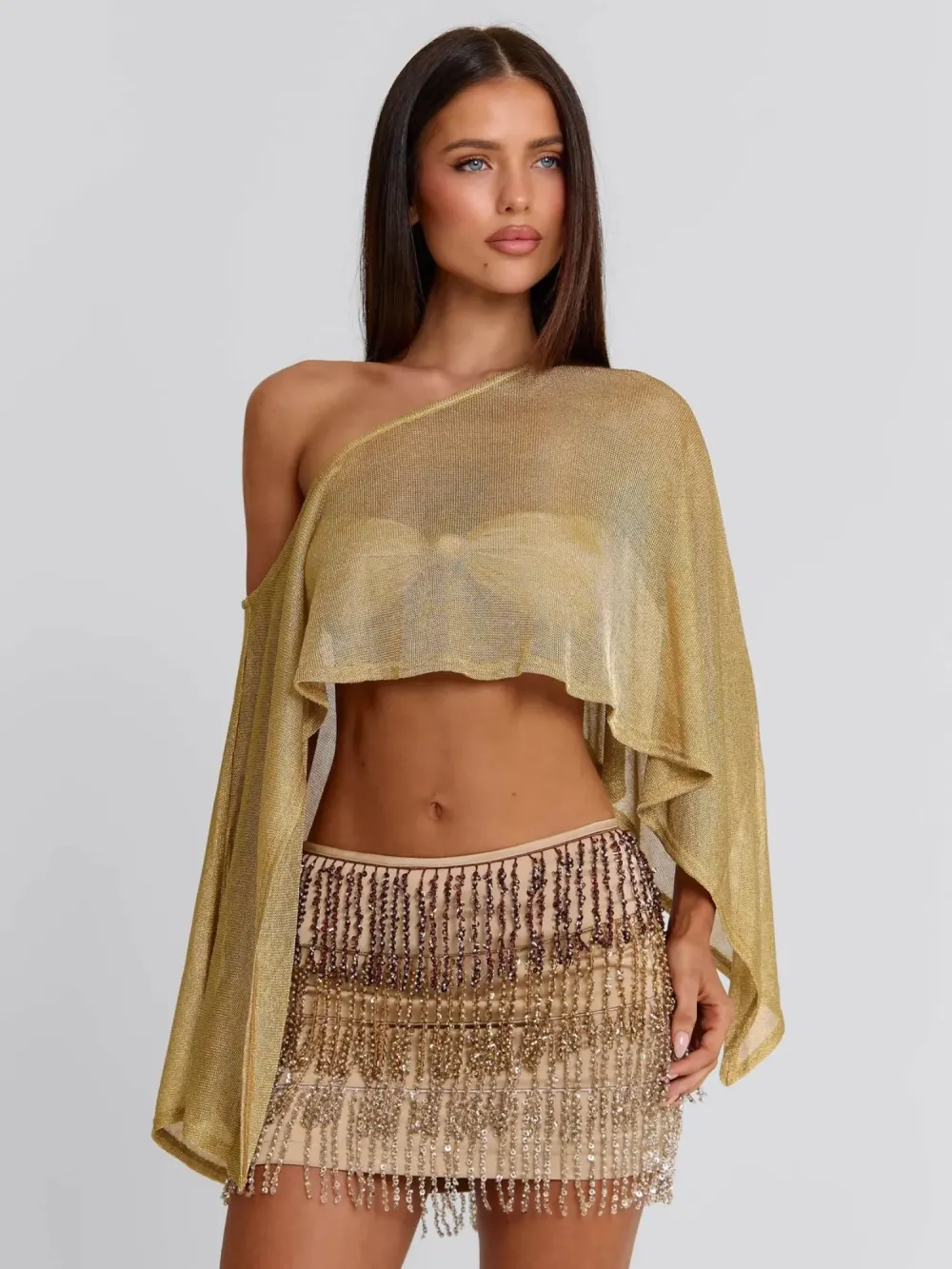 Zaria Gold Metallic Knit Fringe Two Piece Set