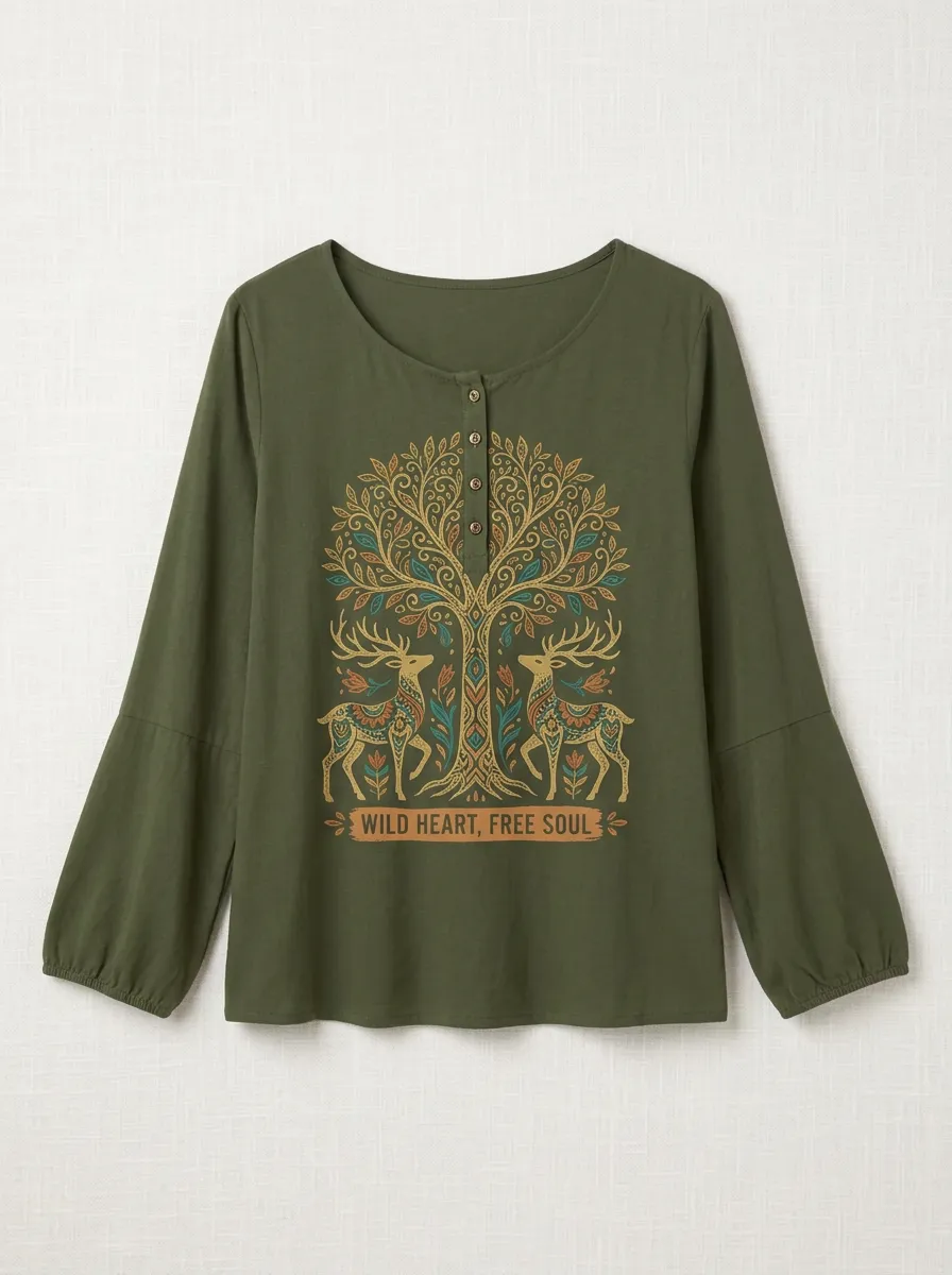 Nature Lover Deer Tree Wild Heart Henley Top