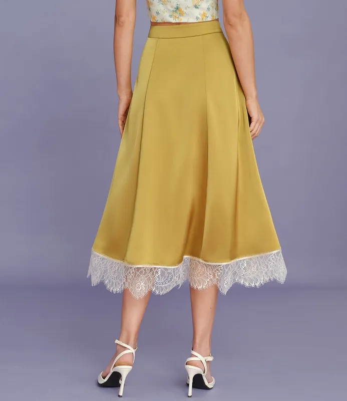 Yellow Lace Satin Midi Skirt